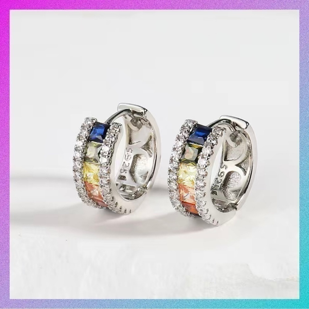 925 Sterling Small Huggie Earrings with Multi-Colored Stones and Bling #641